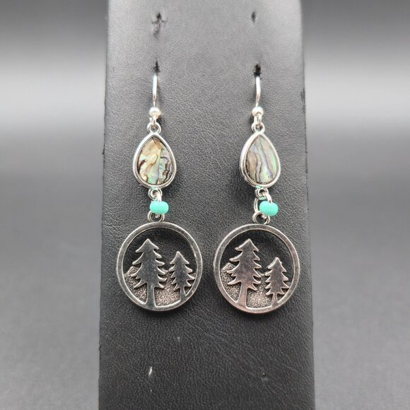 Silver Plated Abalone Shell And Forest Tree Earrings A6542 - Picture 2 of 5